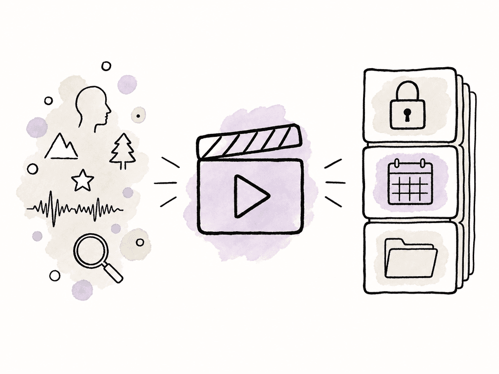 A media clip with loose discovery icons on one side and structured metadata cards on the other, showing flexible search and governed fields.