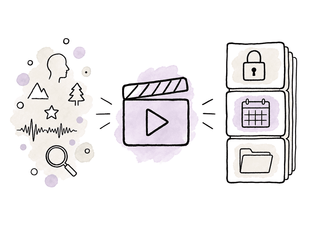 A media clip with loose discovery icons on one side and structured metadata cards on the other, showing flexible search and governed fields.