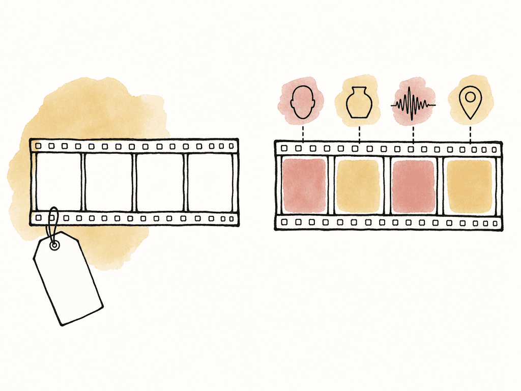 Two filmstrips compared: one with a single attached tag and another with several highlighted moments and detection icons.