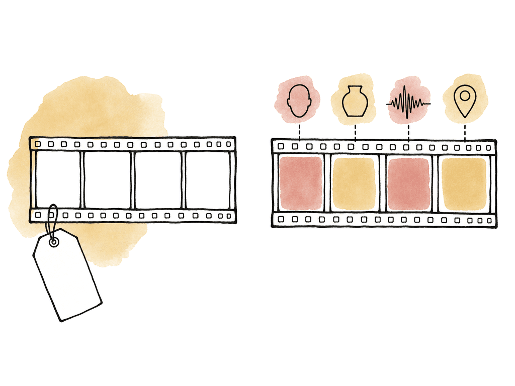 Two filmstrips compared: one with a single attached tag and another with several highlighted moments and detection icons.