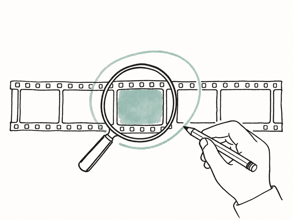 A filmstrip frame found by a magnifying glass is being marked by a human hand with a pencil, suggesting search plus review.