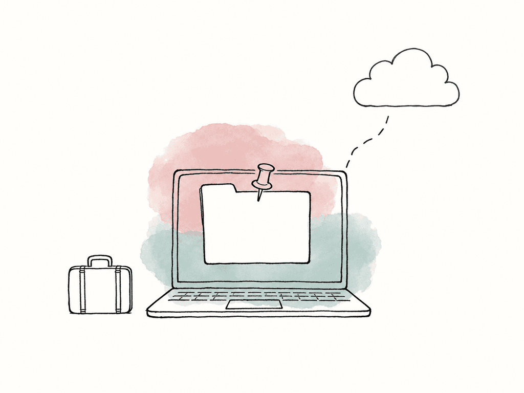 Sketch of a laptop with a pinned folder and a broken connection to the cloud, suggesting offline media access.