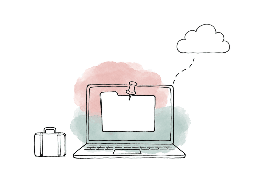 Sketch of a laptop with a pinned folder and a broken connection to the cloud, suggesting offline media access.
