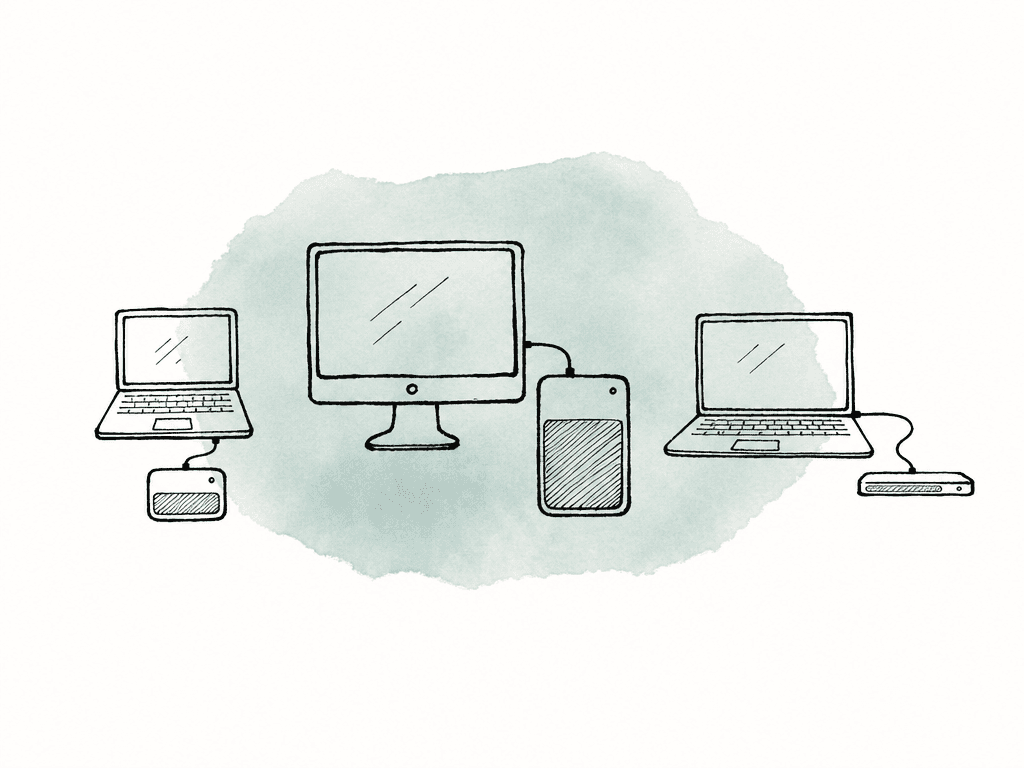 Sketch of three editing machines, each paired with a different sized local cache drive.