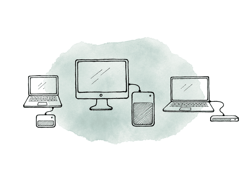 Sketch of three editing machines, each paired with a different sized local cache drive.