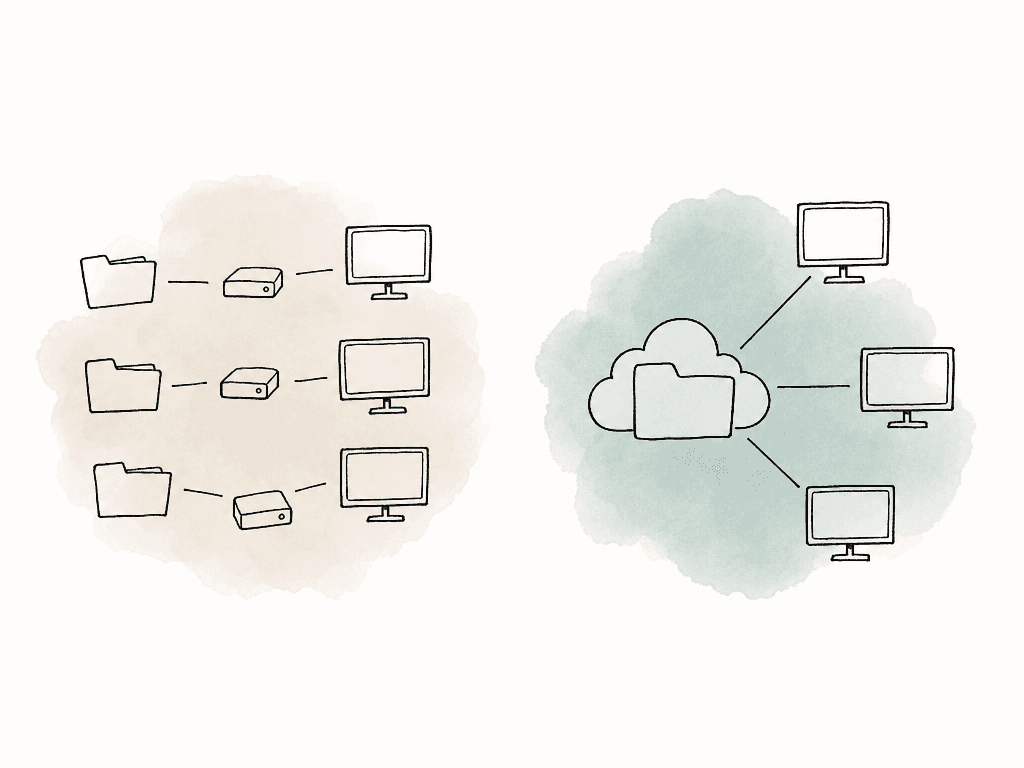 Sketch comparing scattered duplicate media copies with one shared filespace connected to multiple editor computers.