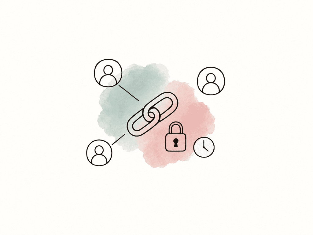 Shared link icon surrounded by a lock, clock, and selected recipient circles.