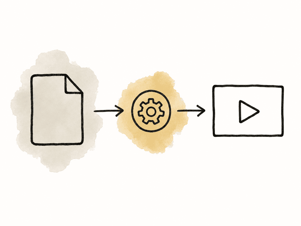 Unlabeled media files pass through a processing icon and become a simple playable preview.