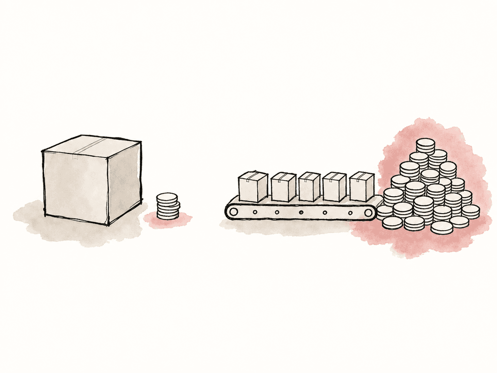 One large package with a small coin stack is contrasted with many repeated packages and a larger coin pile.