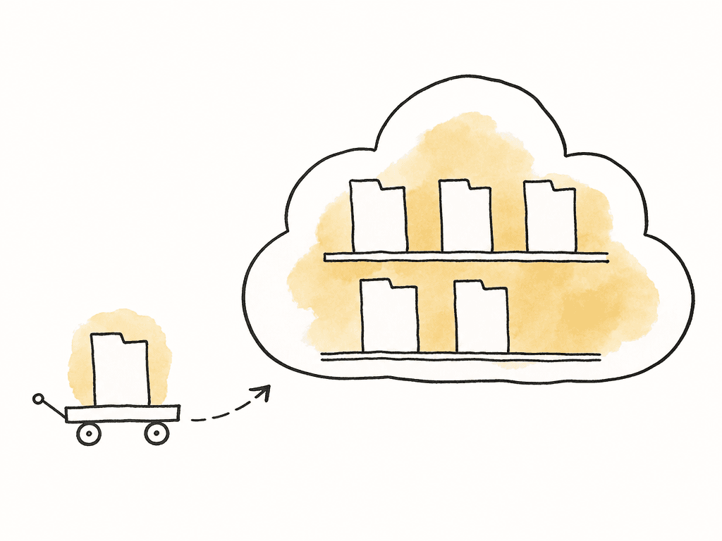 A cloud-shaped storage container holds files while another file moves toward it on a separate path.