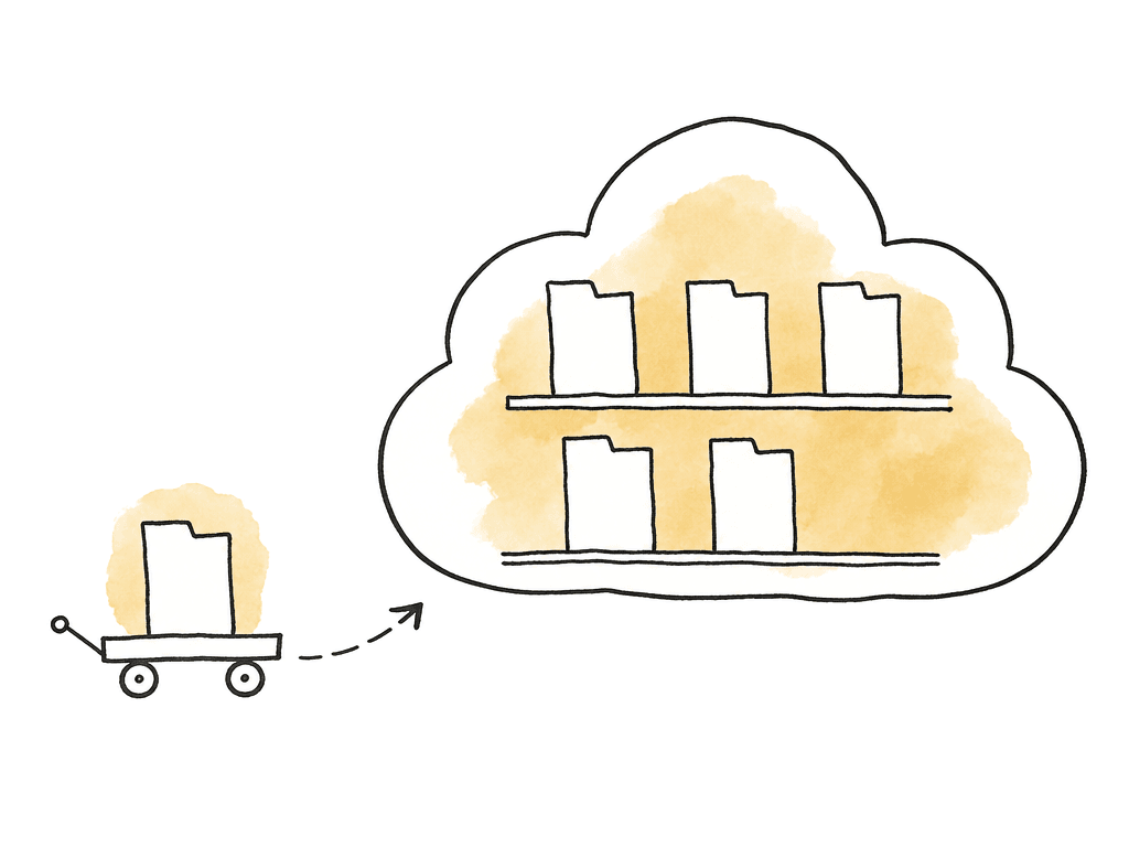 A cloud-shaped storage container holds files while another file moves toward it on a separate path.