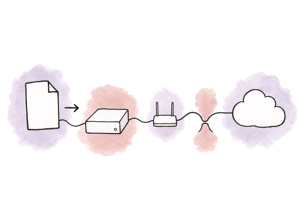 A large file traveling through a transfer path that narrows at one bottleneck point.