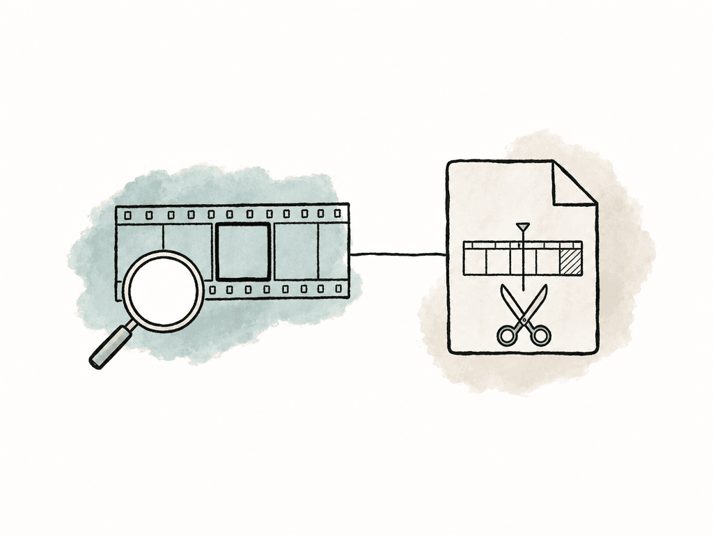 A found video segment is connected to an original file and an editing timeline.