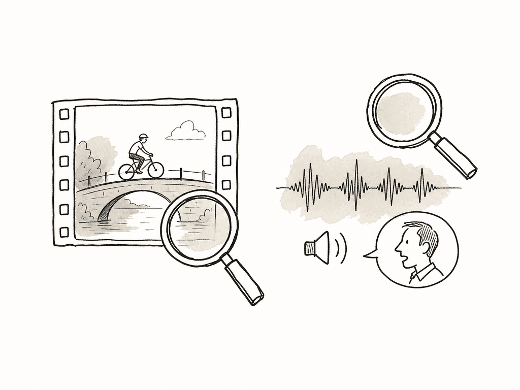 Magnifying glasses compare a video image with an audio waveform.