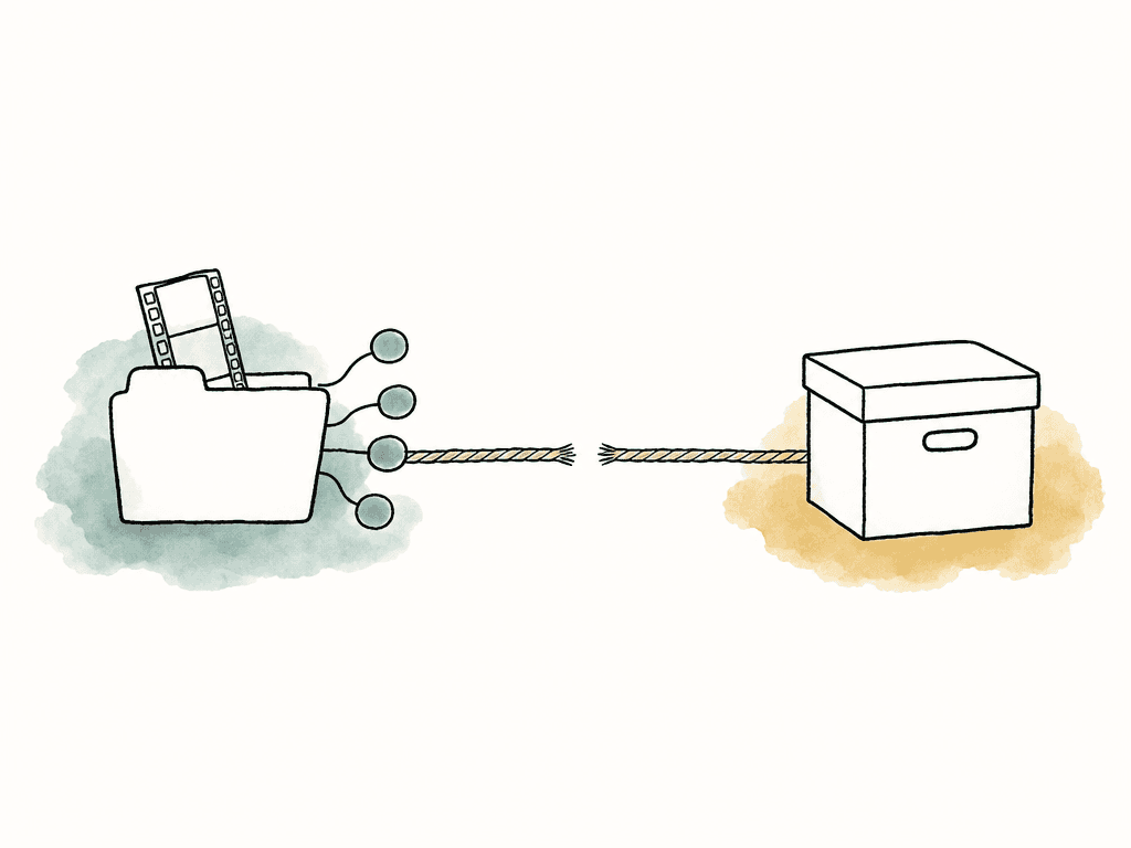 Doodle of an active video project folder separated from an archive box by a broken connection.
