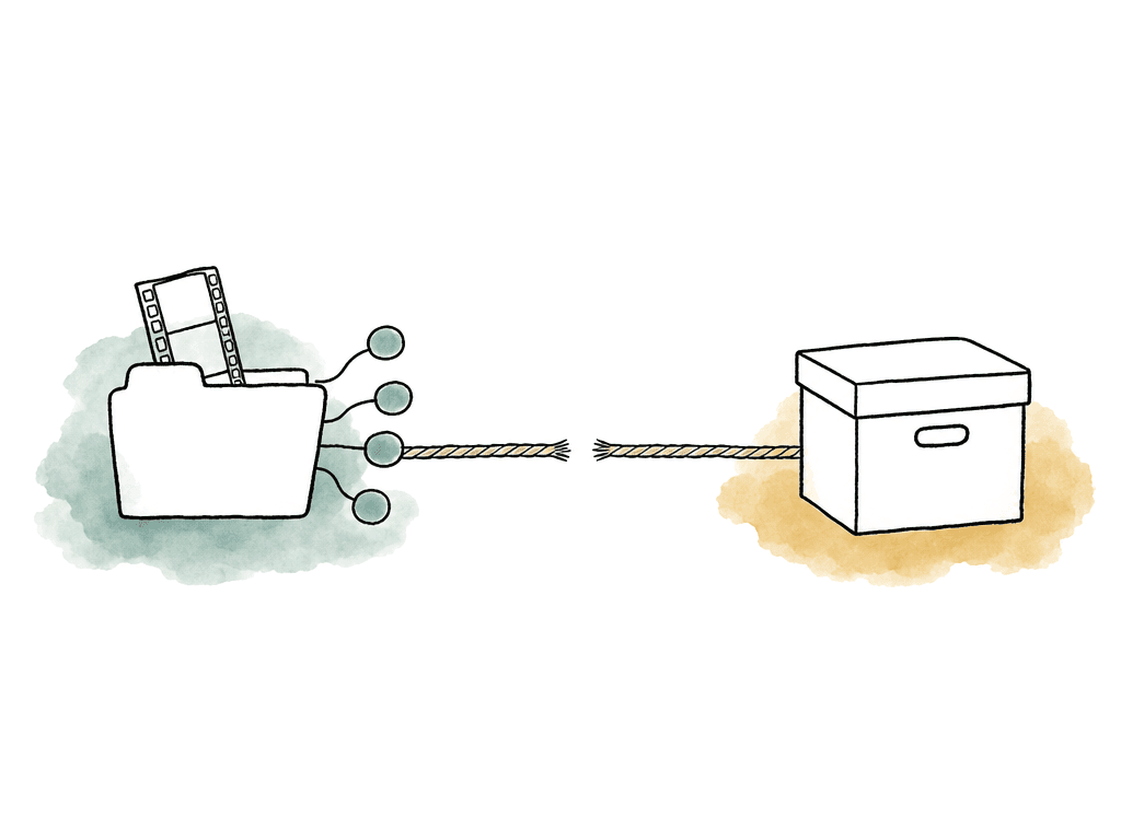 Doodle of an active video project folder separated from an archive box by a broken connection.