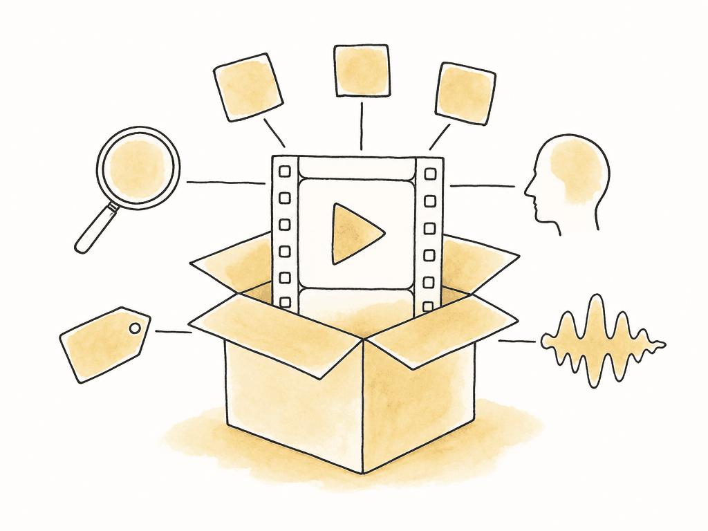 Doodle of a film strip in an open archive box with preview, search, and metadata icons attached.