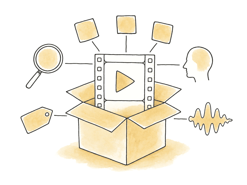 Doodle of a film strip in an open archive box with preview, search, and metadata icons attached.