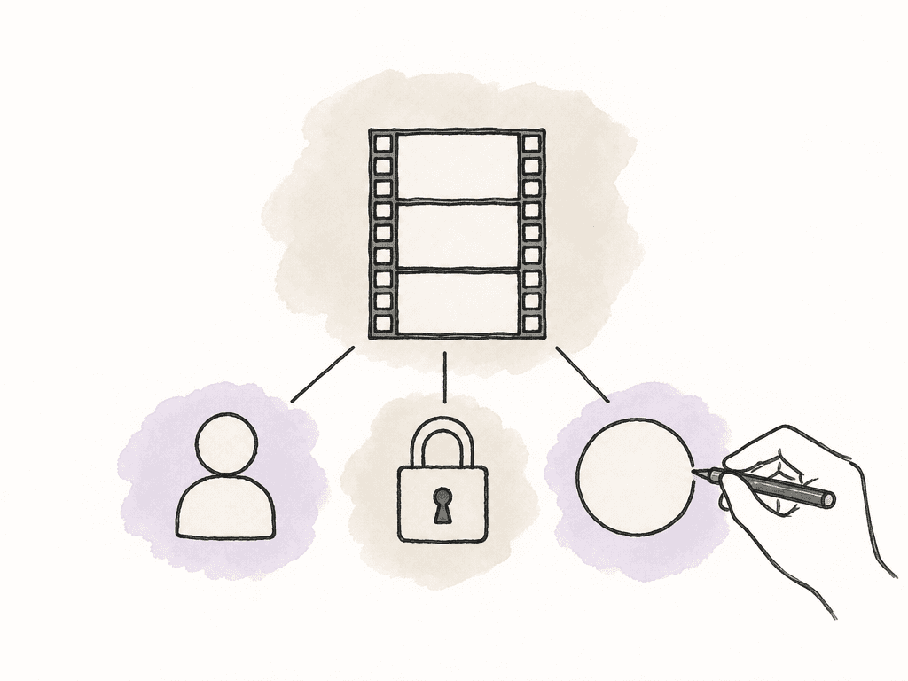 Doodle showing a video strip connected to a reviewer icon, lock, seal, and signing hand to suggest verified approval.
