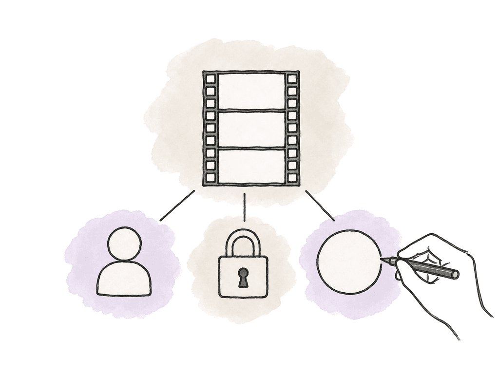 Doodle showing a video strip connected to a reviewer icon, lock, seal, and signing hand to suggest verified approval.