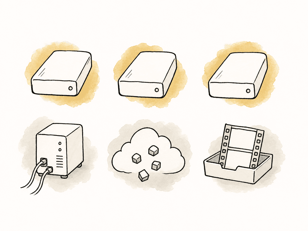 Three similar mounted drive icons sit above different storage symbols, including a local server, cloud chunks, and a media cache.
