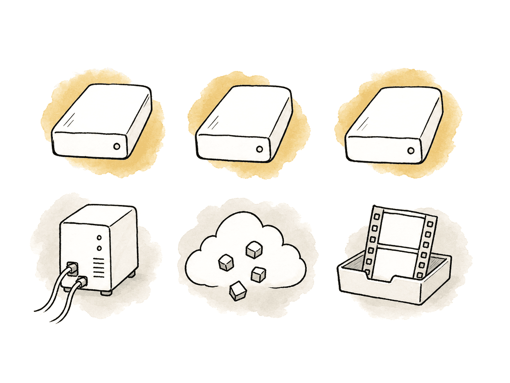 Three similar mounted drive icons sit above different storage symbols, including a local server, cloud chunks, and a media cache.