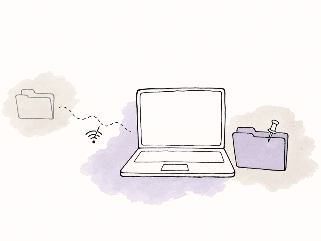 A laptop sits beside a pinned folder, while another folder is separated by a broken connection line.
