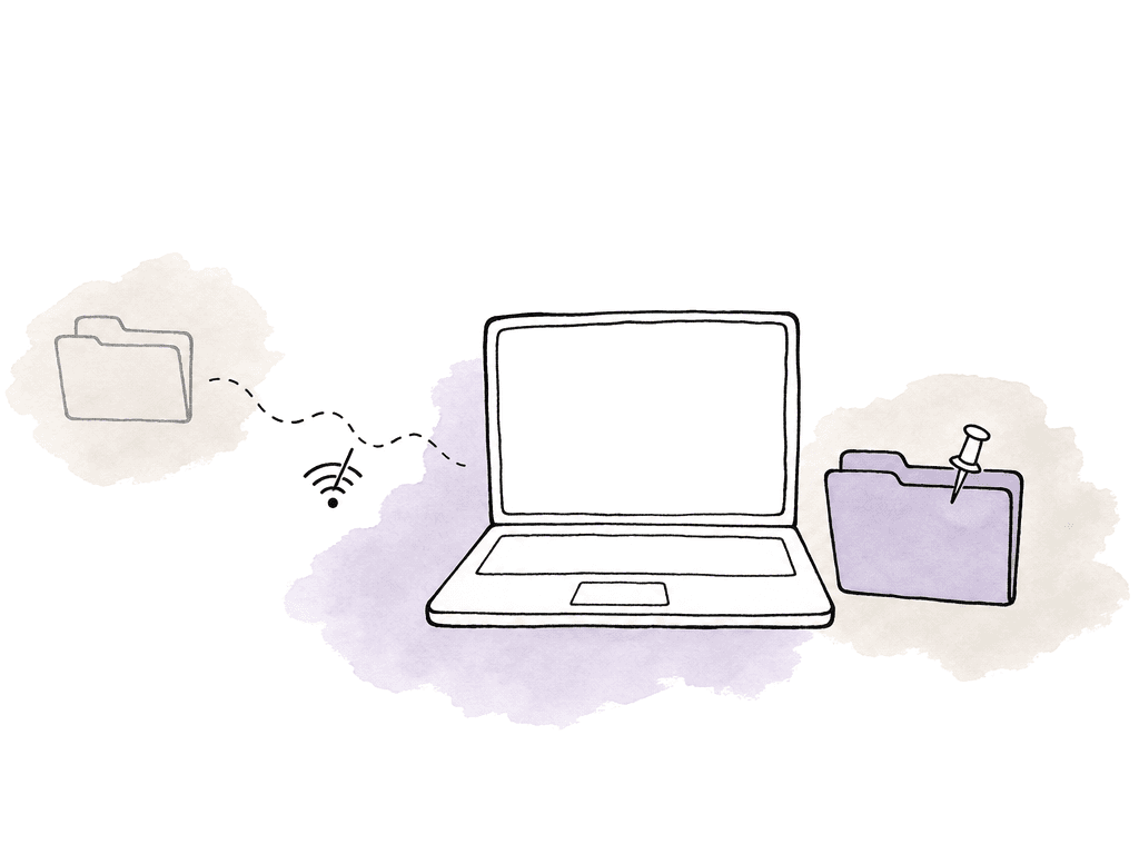 A laptop sits beside a pinned folder, while another folder is separated by a broken connection line.