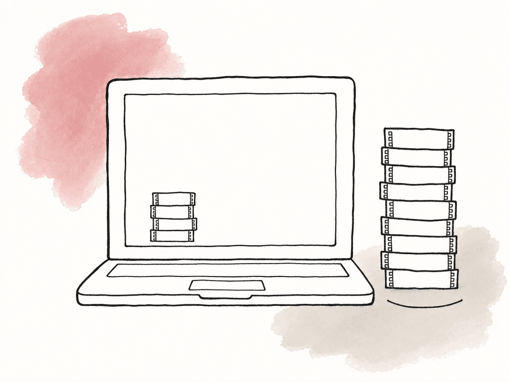 A large media stack sits outside a laptop while a smaller proxy stack fits inside it.