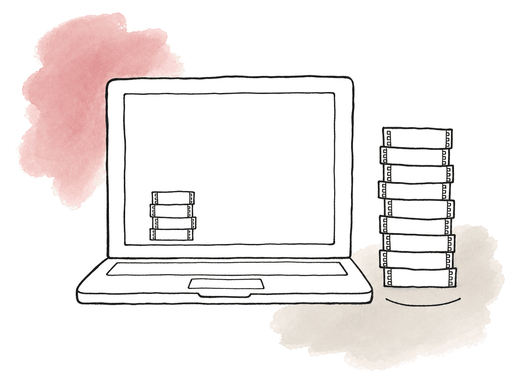 A large media stack sits outside a laptop while a smaller proxy stack fits inside it.