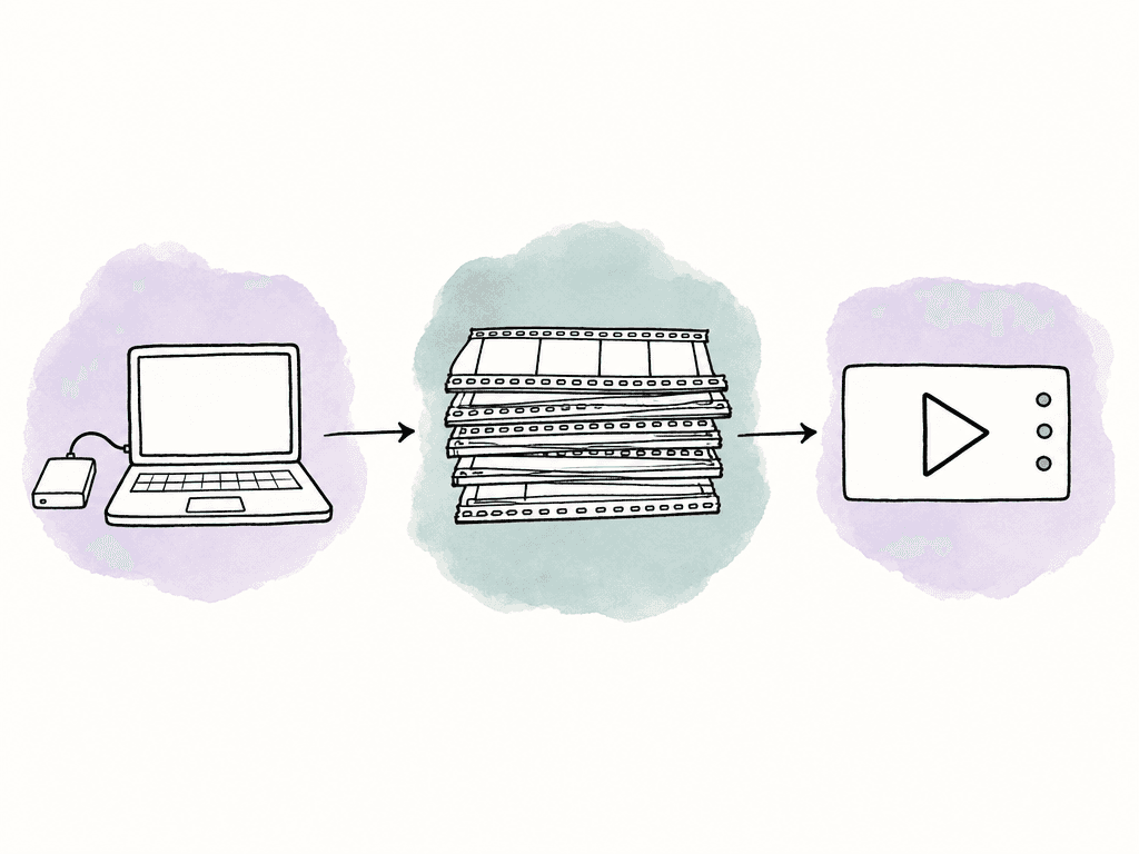 A shared media library connects to an editor laptop and a review playback frame.