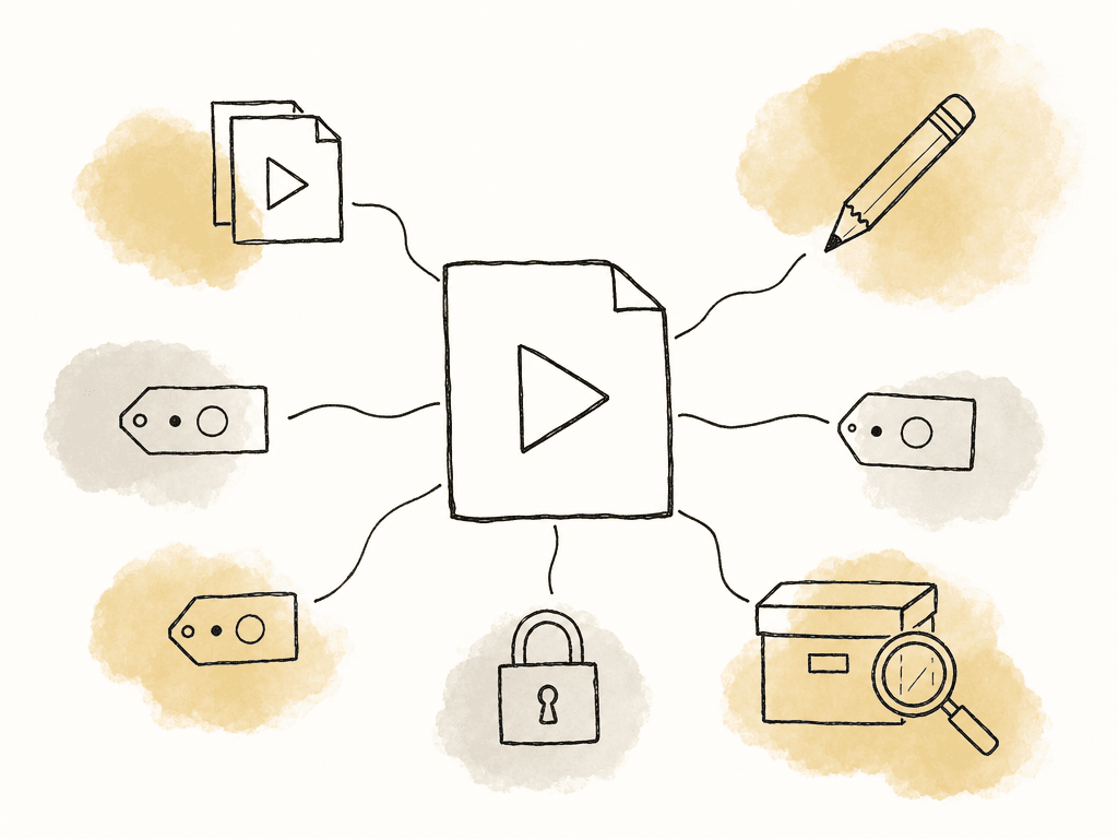 A central video file connected to icons for versions, review, metadata, permissions, and archive search.