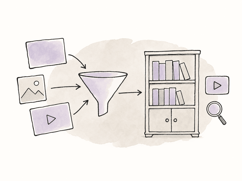 Large media blocks pass through an intake funnel into a media library with review and search icons.