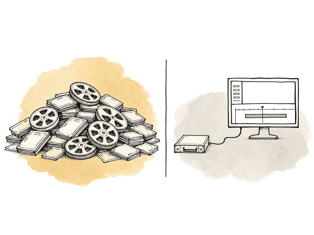 Large media storage pile beside a smaller mounted drive connected to an editing screen.