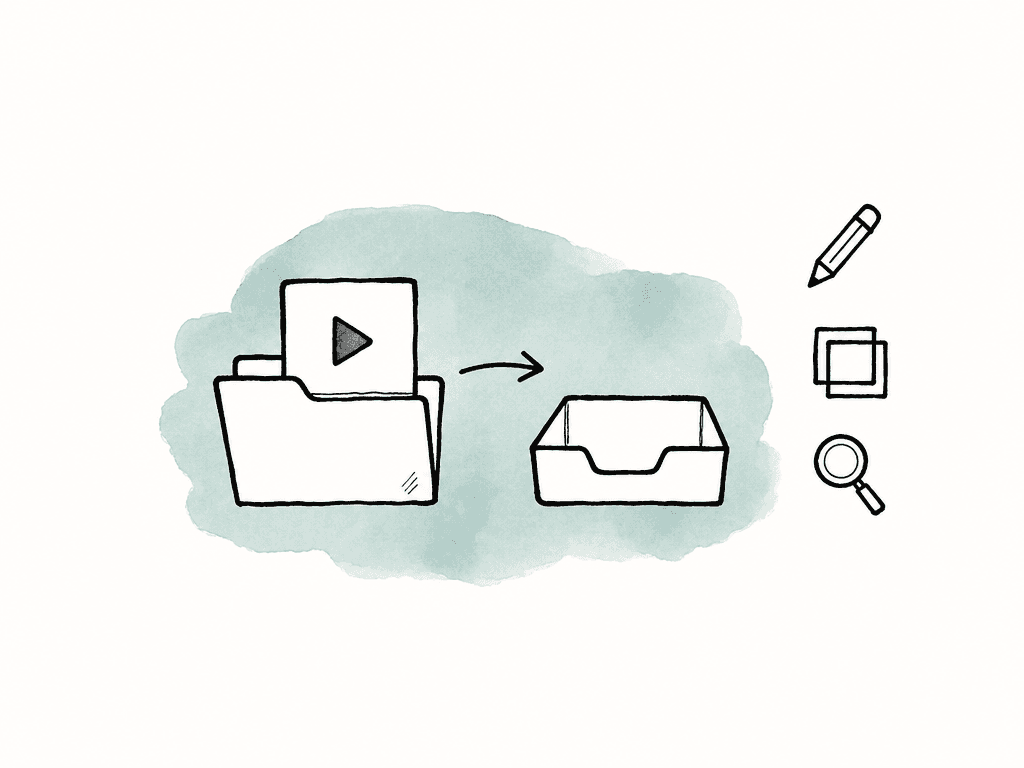 A finished media file moves from a folder to a client tray while extra review tools sit unused nearby.