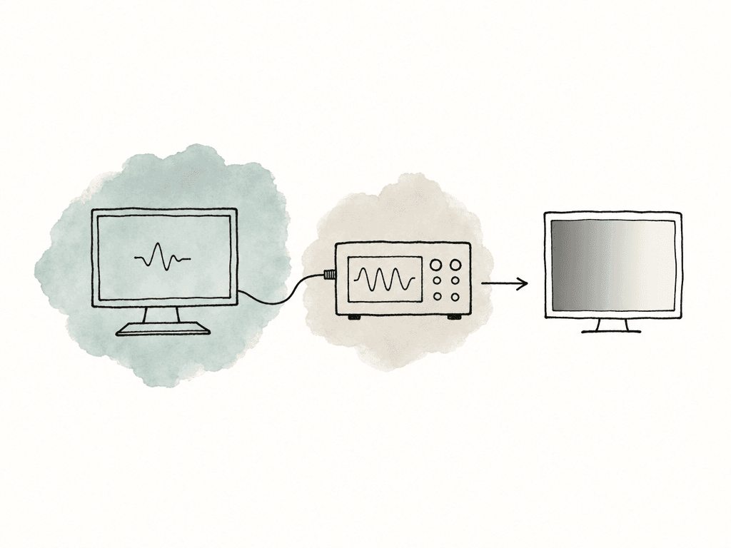 Hand drawn workstation feeding a separate scope box and then a monitor, showing the hardware scope outside the application path.