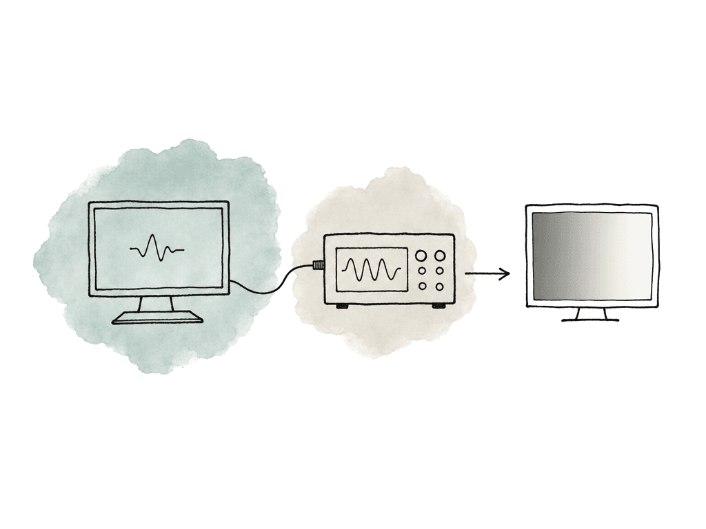 Hand drawn workstation feeding a separate scope box and then a monitor, showing the hardware scope outside the application path.