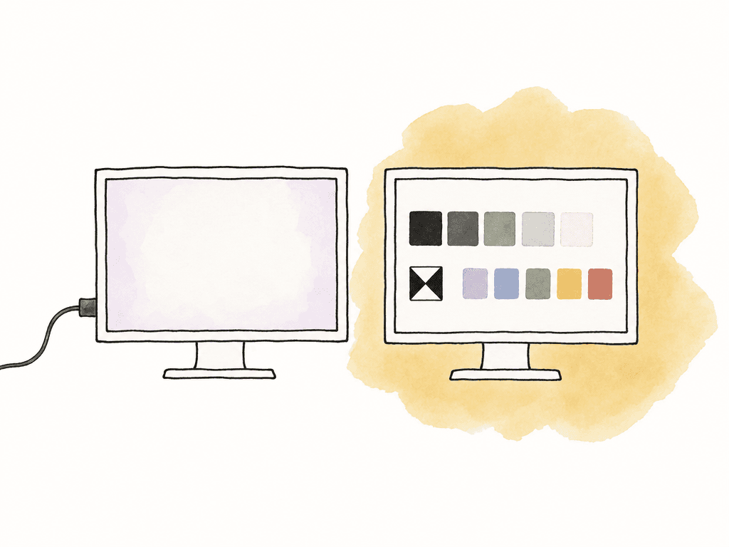 Hand drawn comparison of a basic HDR accepting screen and a calibrated reference monitor with controlled patches.