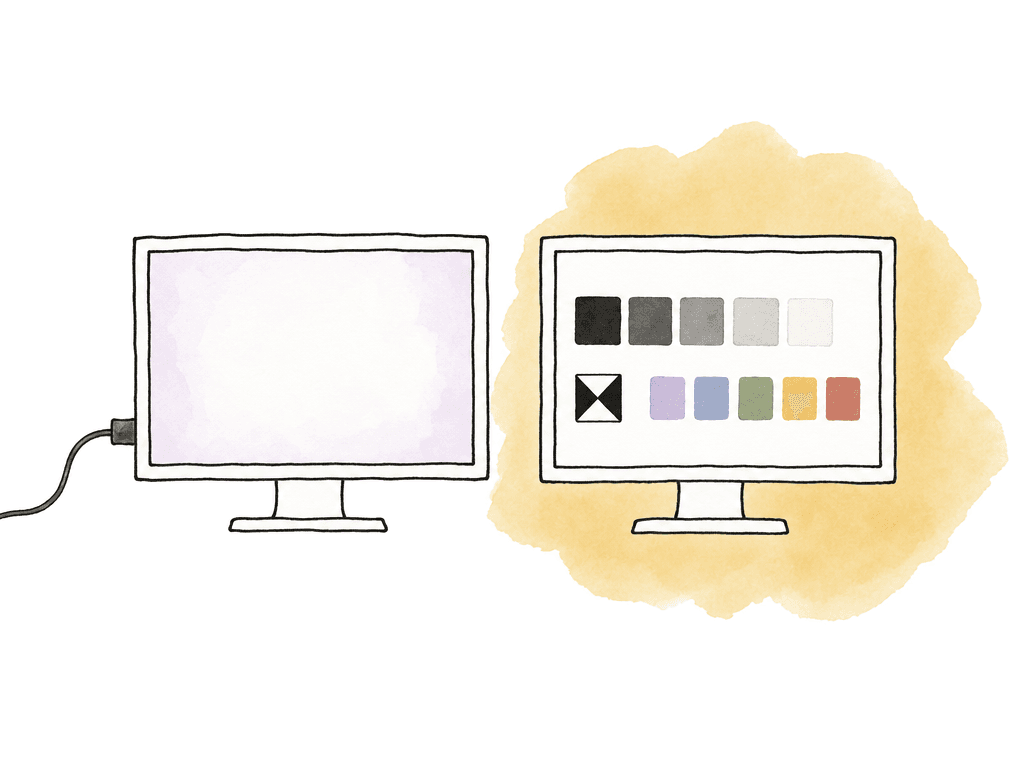 Hand drawn comparison of a basic HDR accepting screen and a calibrated reference monitor with controlled patches.