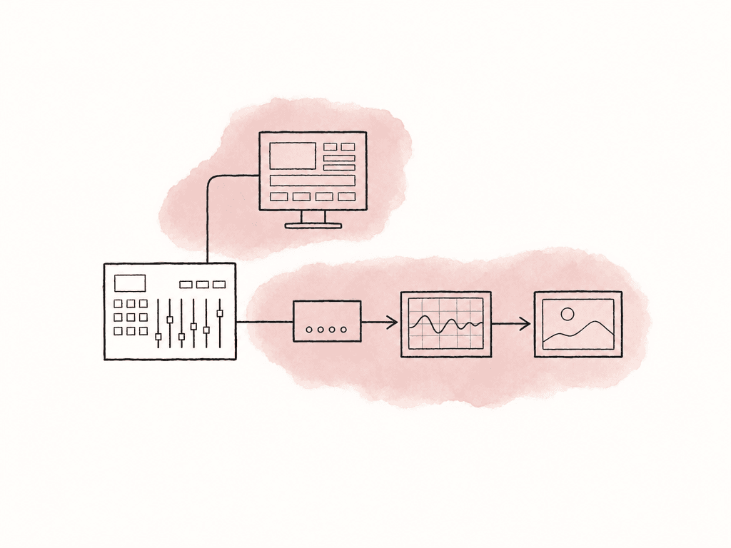 Hand drawn routing diagram with a workstation feeding a GUI monitor separately from a clean video path through an I/O box and scope to a reference monitor.