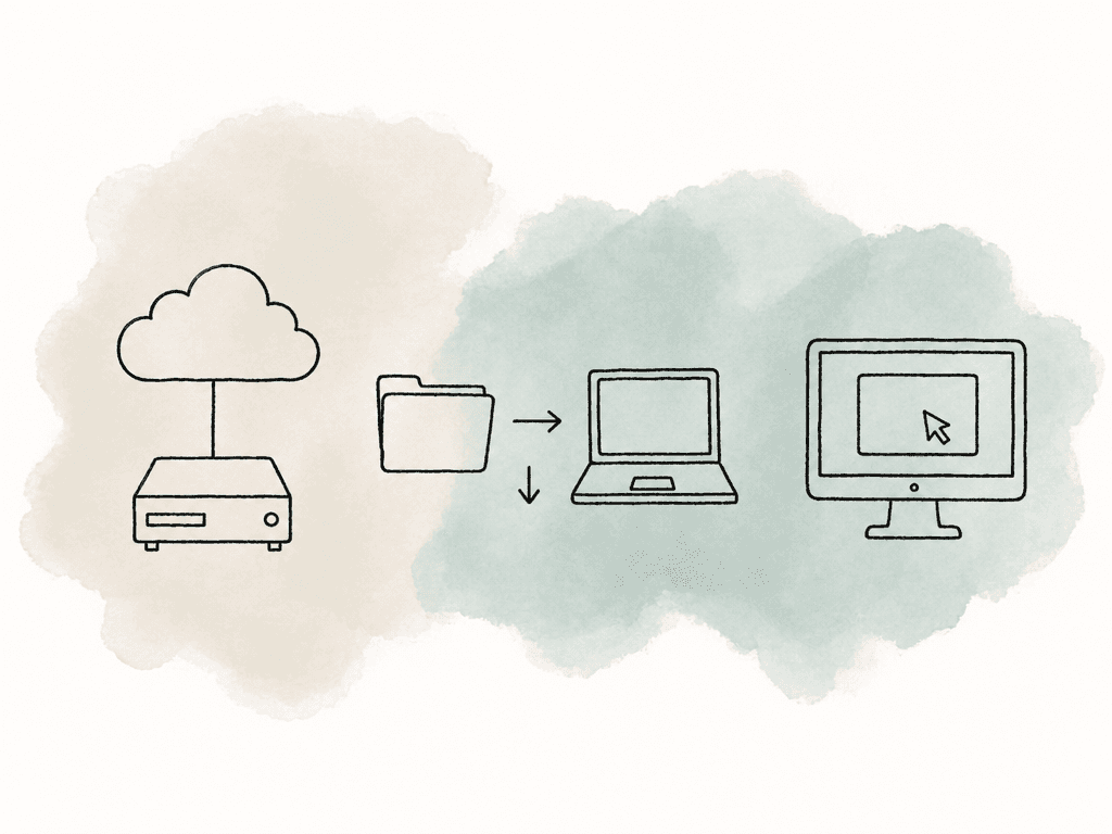 Three media access setups: cloud drive, synced folder, and remote workstation.