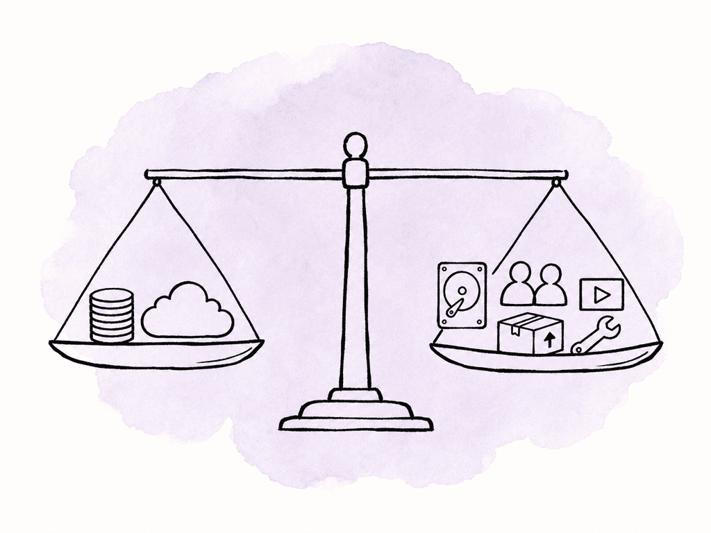 A balance scale weighs storage cost against other workflow costs.