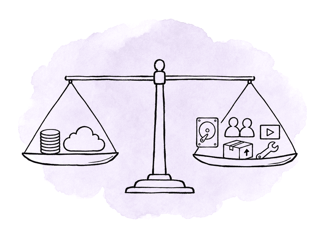 A balance scale weighs storage cost against other workflow costs.