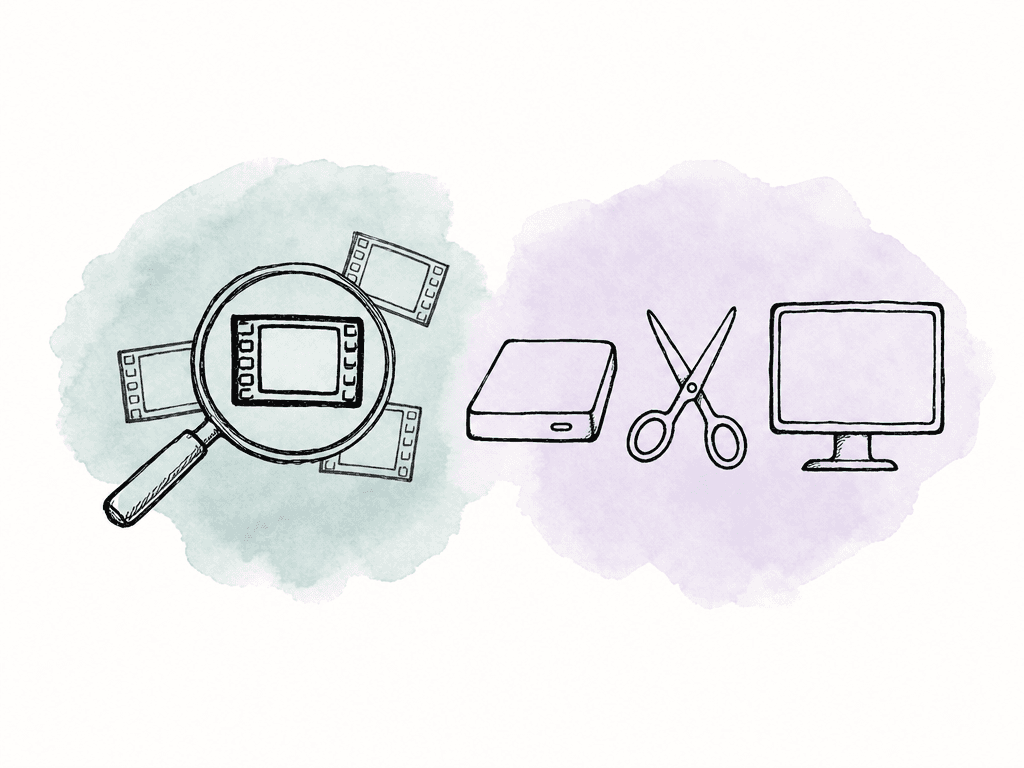 Magnifying glass finds a clip while an editor is separated from storage.