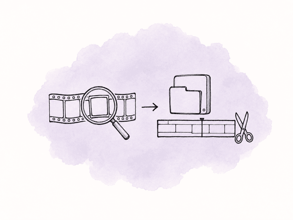A selected film segment moves from search to a mounted drive and editing timeline.