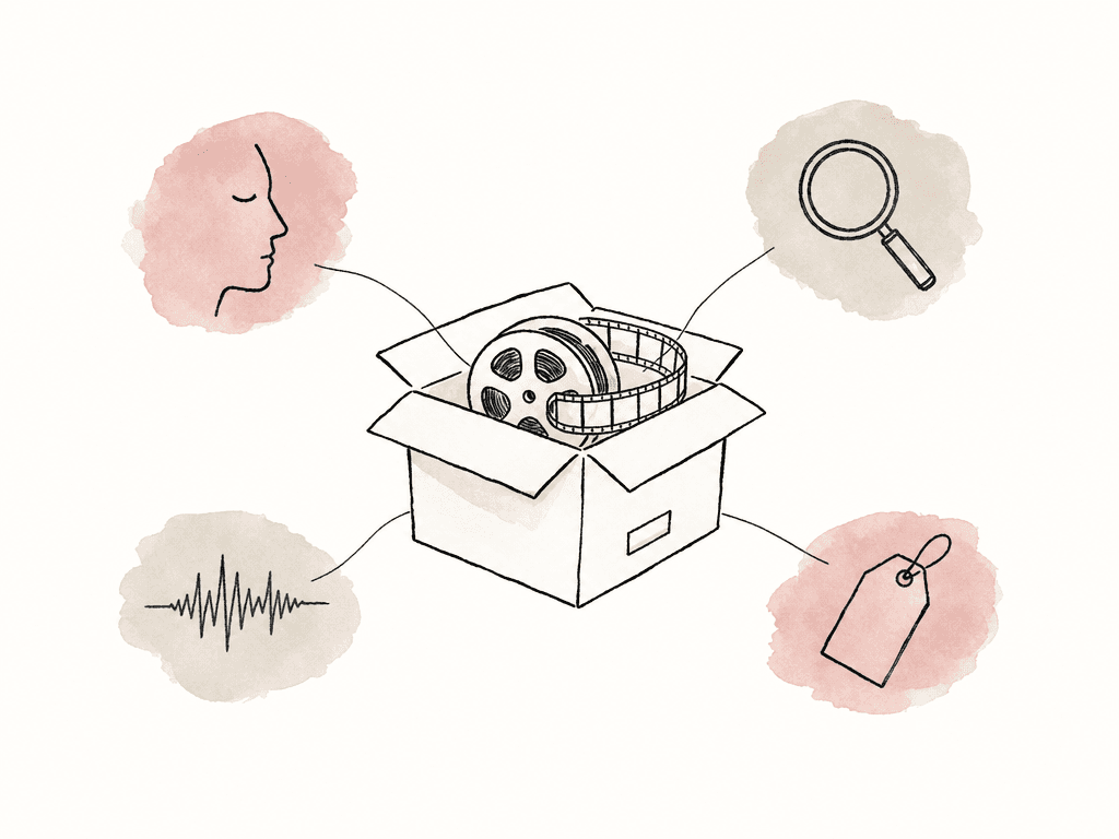 Doodle of an archive box holding a film strip with search and metadata icons still attached.