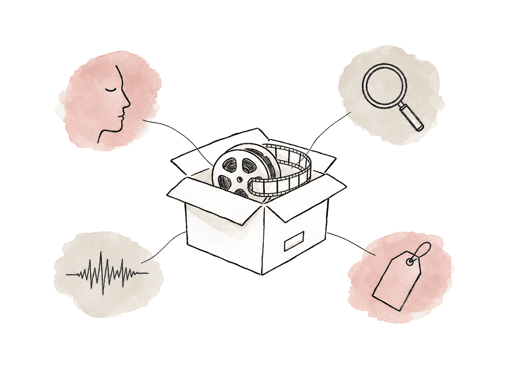 Doodle of an archive box holding a film strip with search and metadata icons still attached.