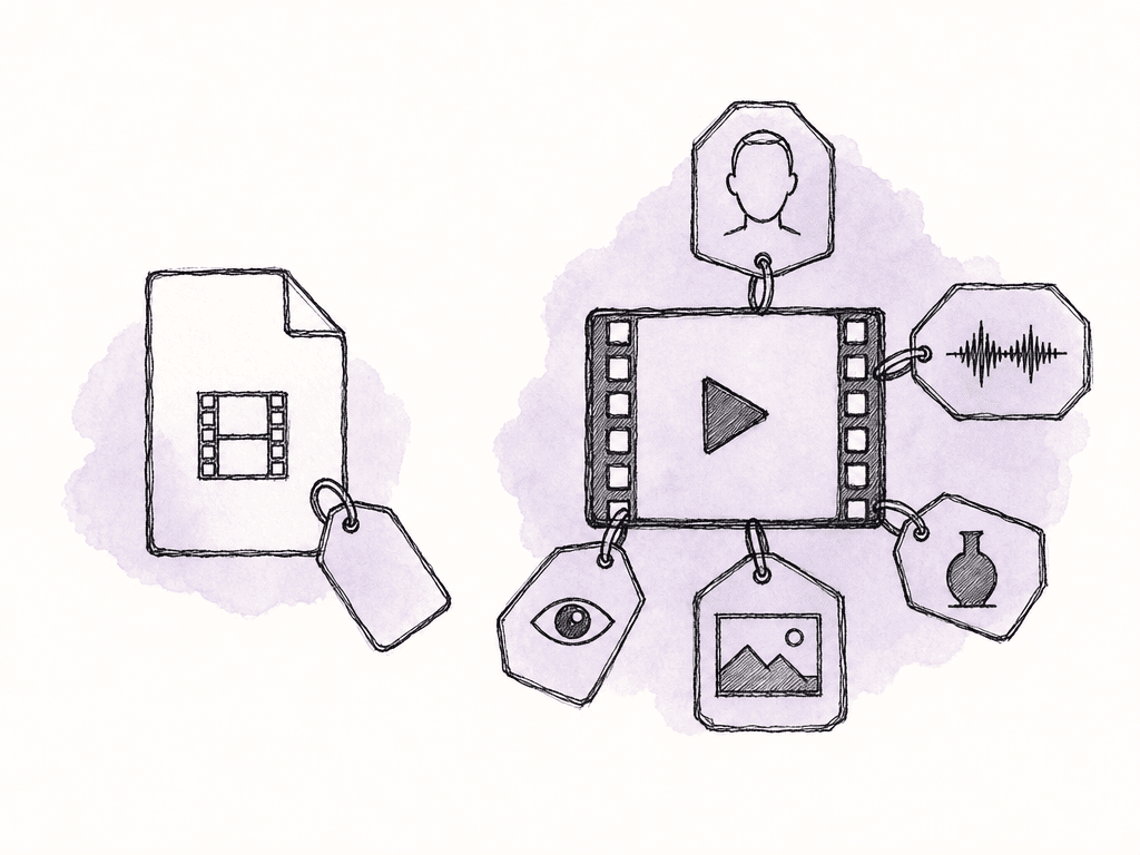 Doodle comparing a plain media file with a richly tagged media clip surrounded by visual metadata icons.