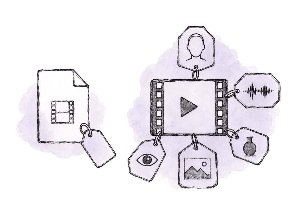 Doodle comparing a plain media file with a richly tagged media clip surrounded by visual metadata icons.
