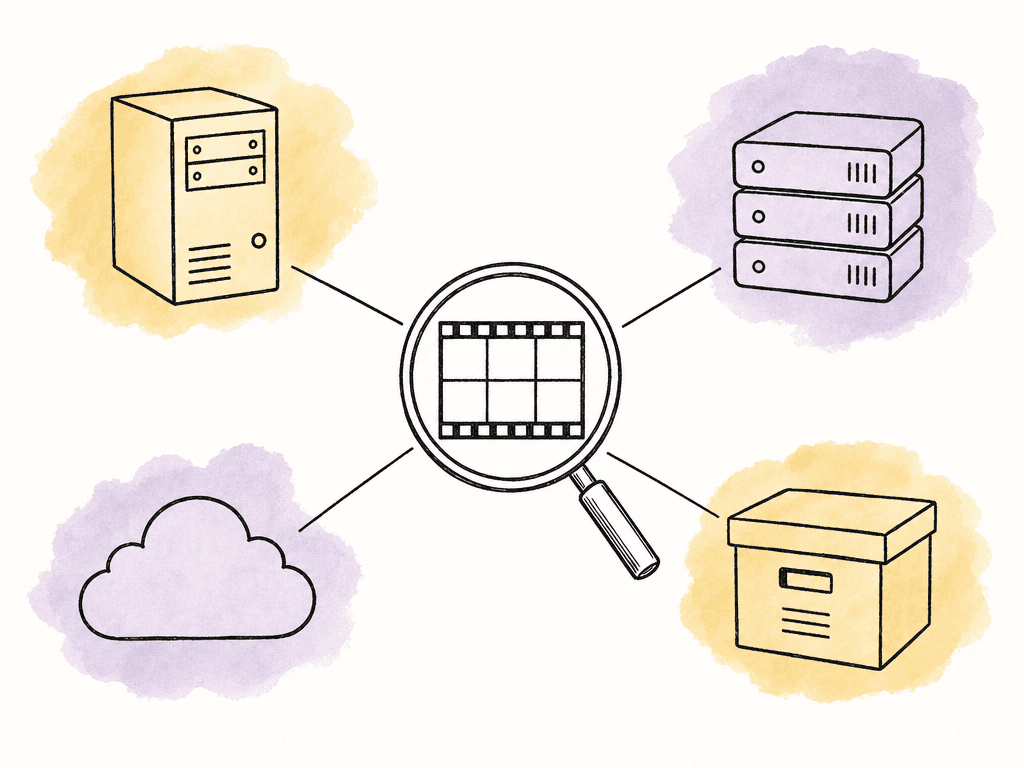 Doodle of several storage icons connected to a central magnifying glass over media thumbnails.
